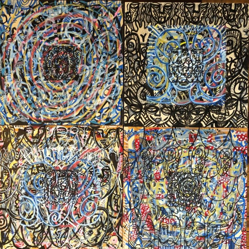 Ta-coumba Aiken (BF'92) clockwise from top left: When One or More Gather, All for One/One for All, Choices, Power of Giving