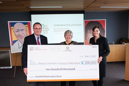 From left, Edyth Bush Charitable Foundation President David Odahowski, Beacon Interfaith Housing Collaborative Executive Director Lee Blons and Bush Foundation President Jen Ford Reedy (Photo Bruce Silcox)