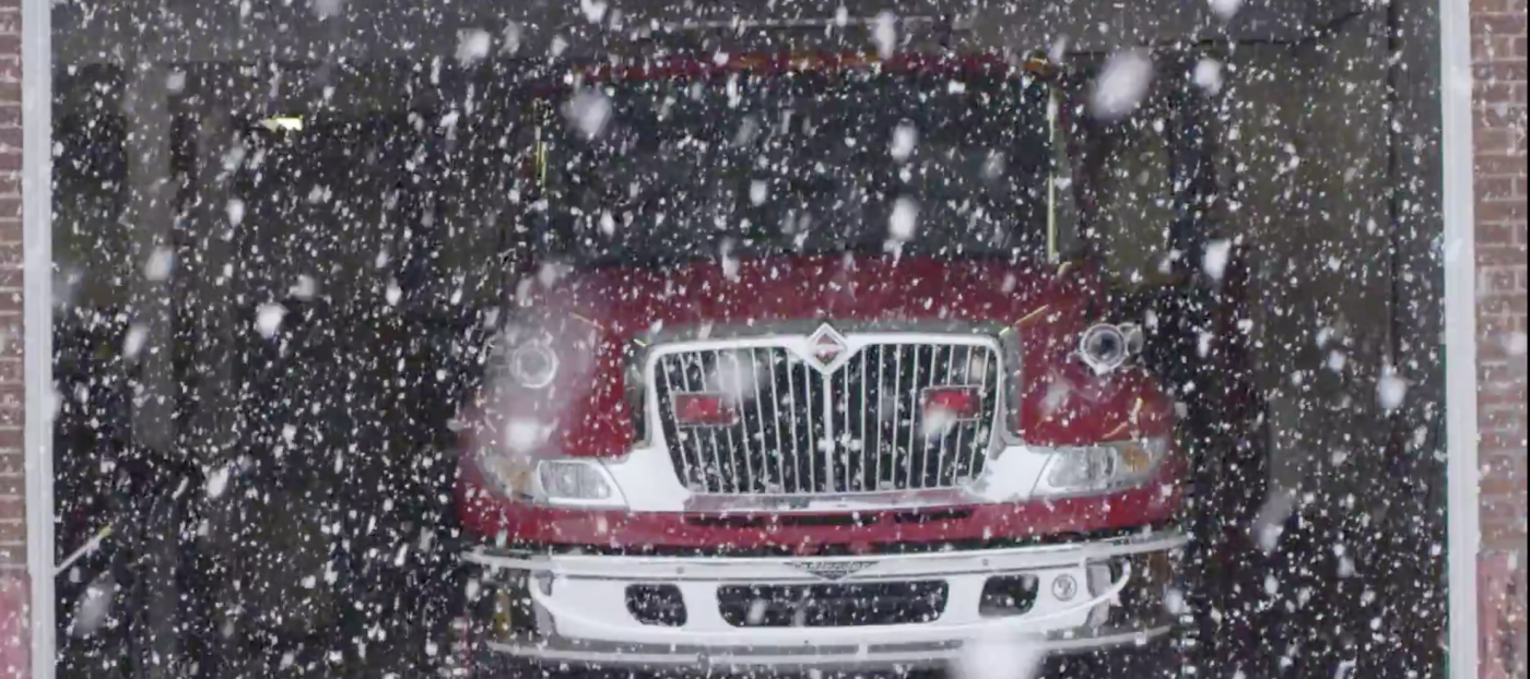 Firetruck in snowfall