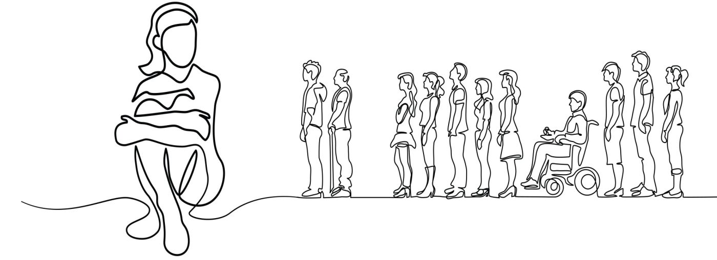 Line drawing of sitting woman with knees bent