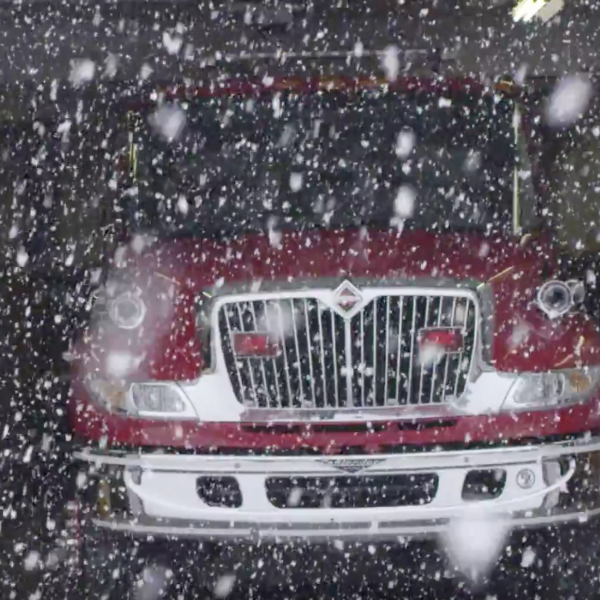 Firetruck in snowfall