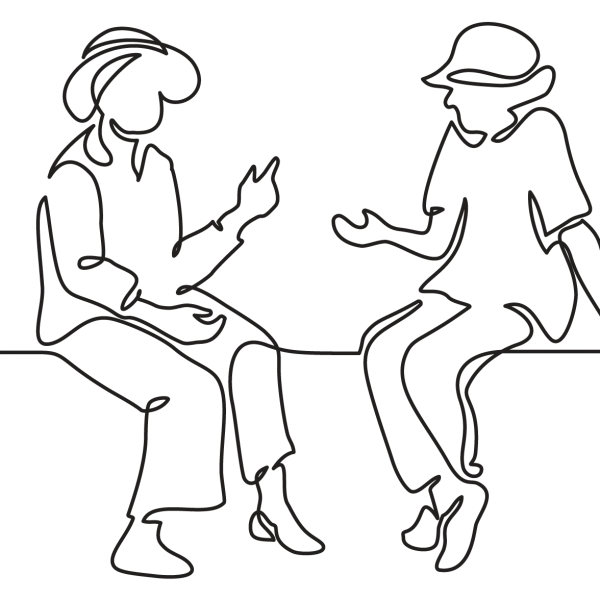 Line drawing of two people seated and talking