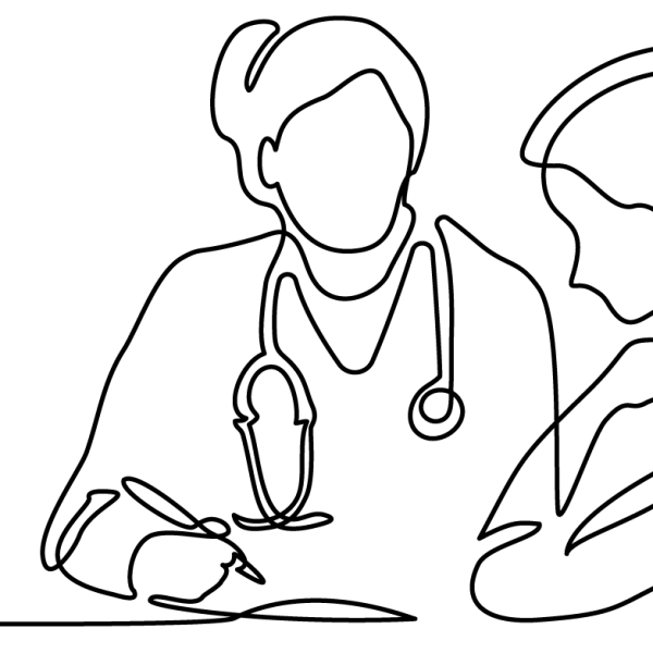 Line drawing of woman with doctor
