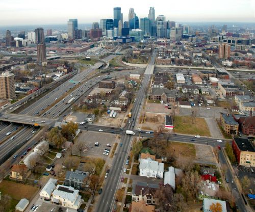 An aerial view of a city neighborhood.