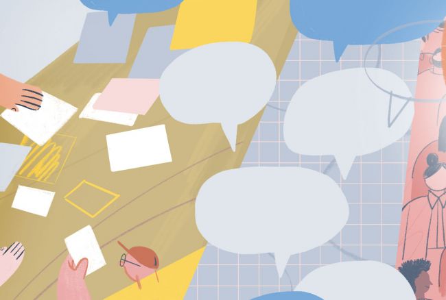 illustration of word bubbles and people