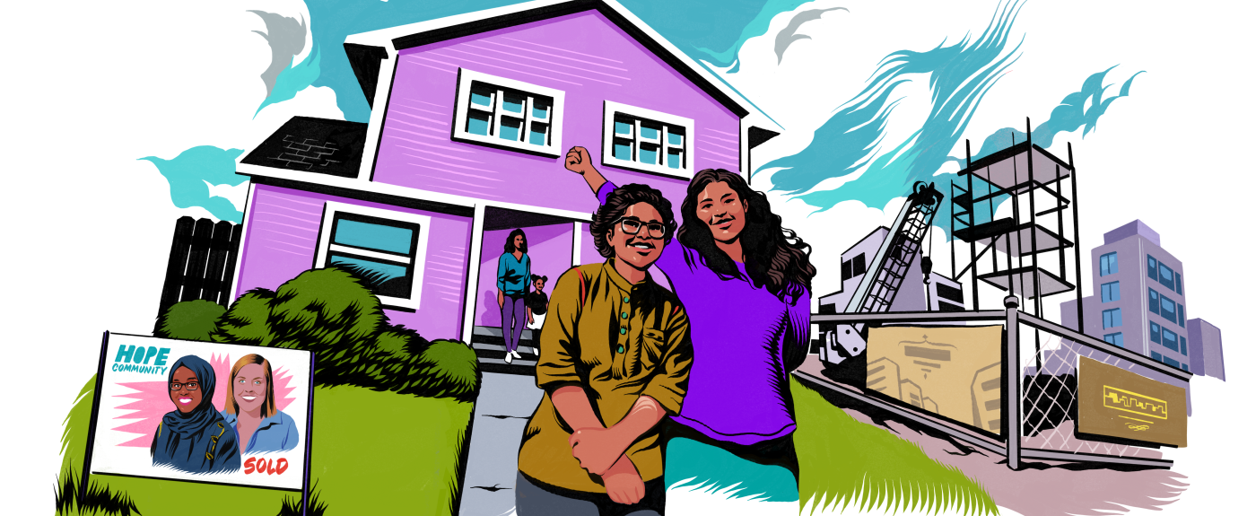 Two people standing in front of a beautiful house and smiling. 