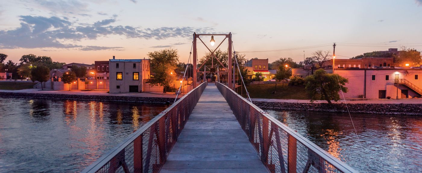 The Granite Falls Bridge, which is a suspension footbridge crossing the Minnesota River, was built next to downtown Granite Falls in 1935.
