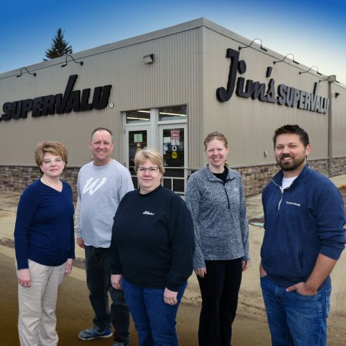 The board members who operate the Rural Access Distribution (RAD) cooperative appear in front of Jim’s SuperValu in Park River, North Dakota. They are Cindy Vargason, left, Steve Wells, Diana Hahn, Jenna Gullickson and Alex Bata.