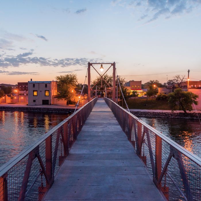 The Granite Falls Bridge, which is a suspension footbridge crossing the Minnesota River, was built next to downtown Granite Falls in 1935.
